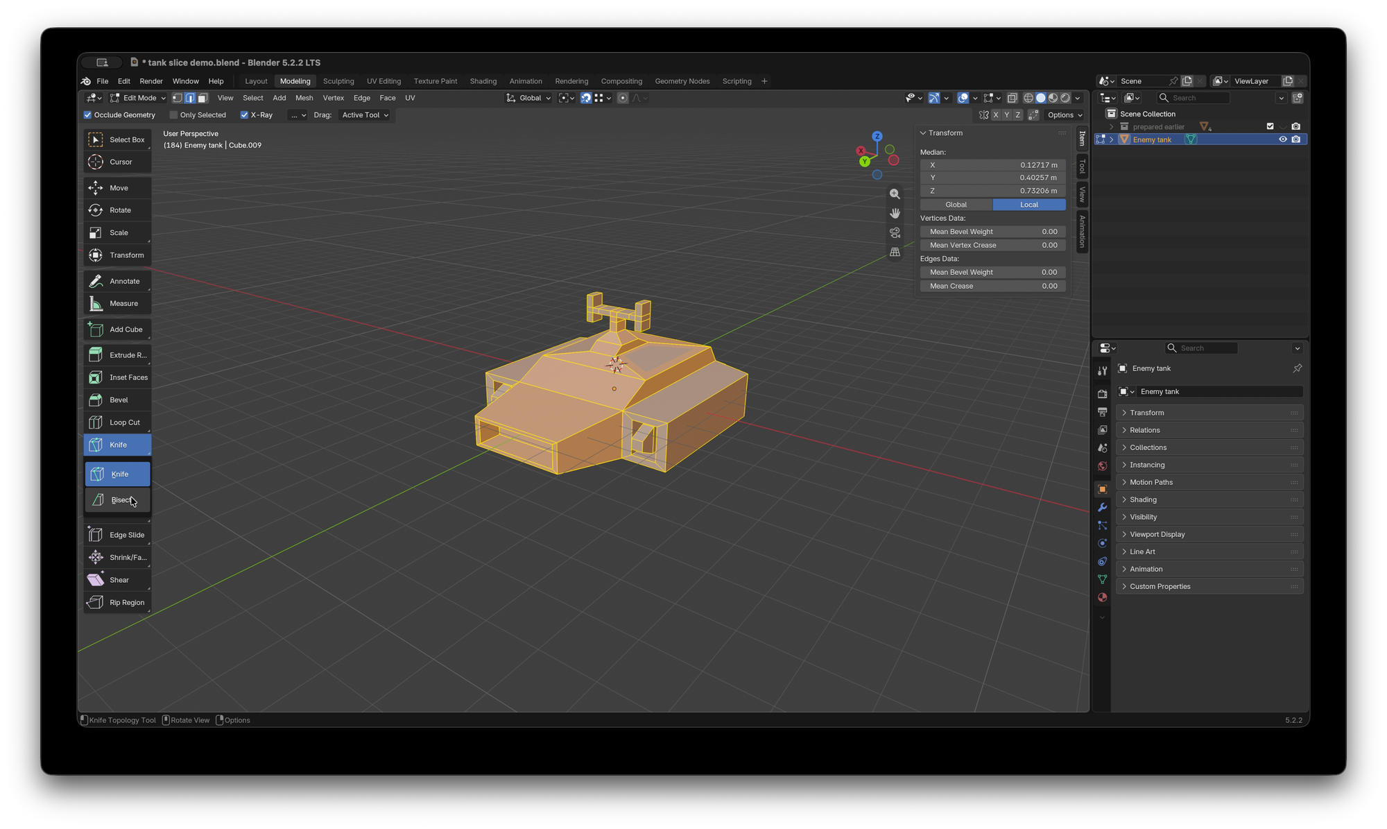 Blender UI with the knife tool drop down activated and the cursor selecting the Bisect tool.