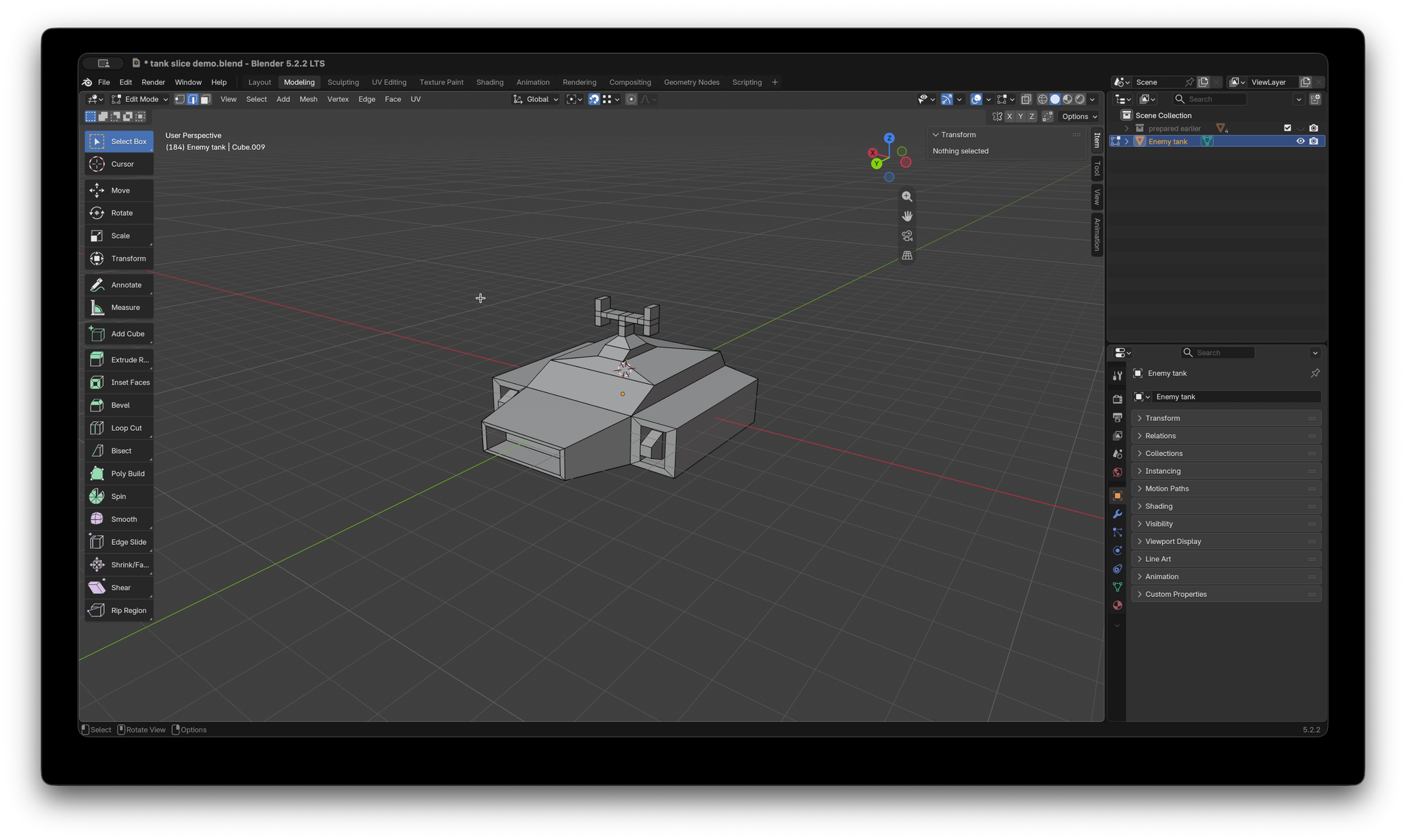 Blender UI with a simple model of a hover tank, edit mode selected.