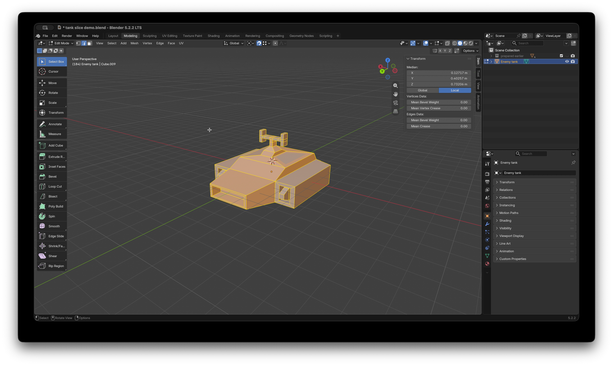 Blender UI with a simple model of a hover tank coloured yellow with all vertices selected.