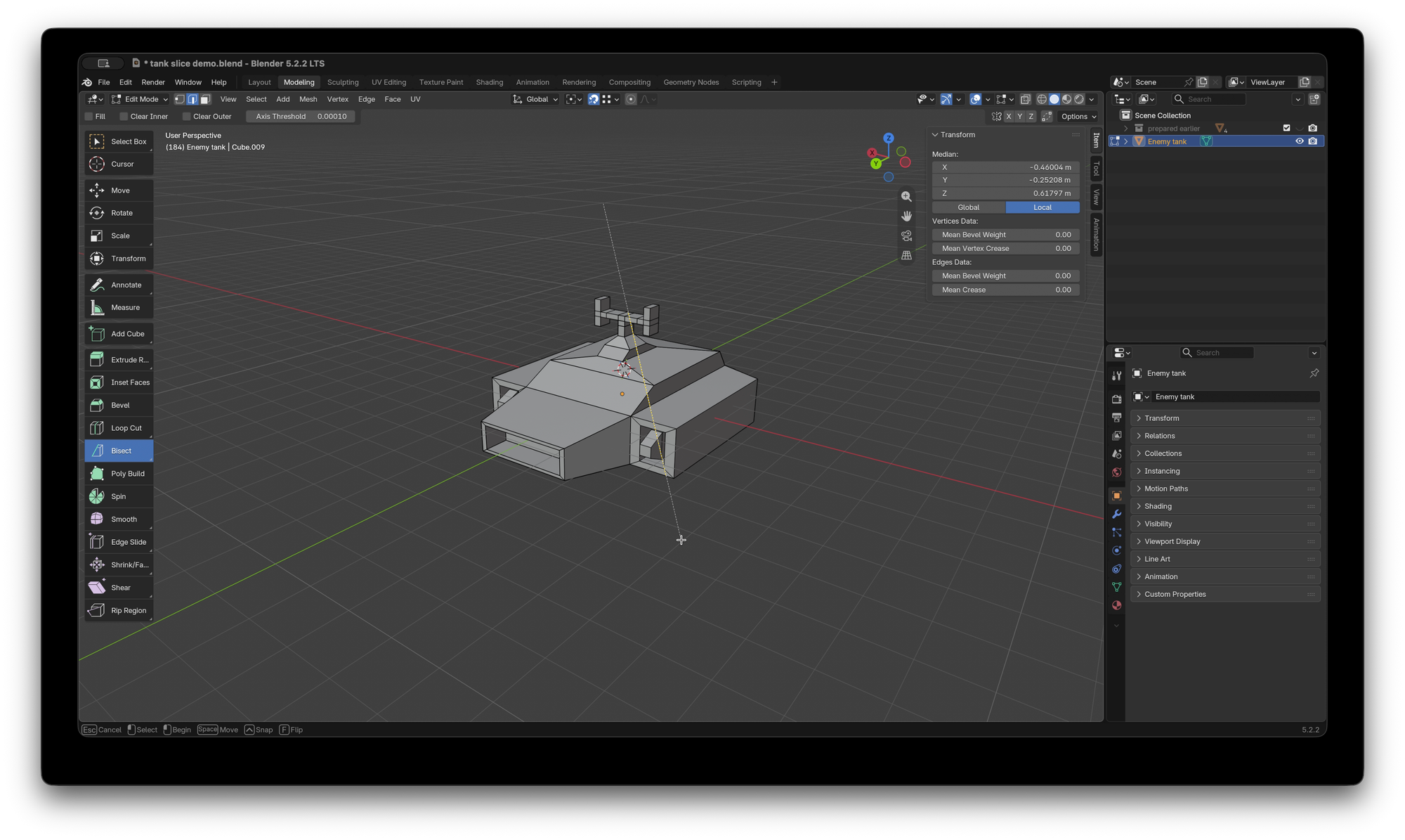 Blender UI with a simple model of a hover tank split by the Bisect tool.