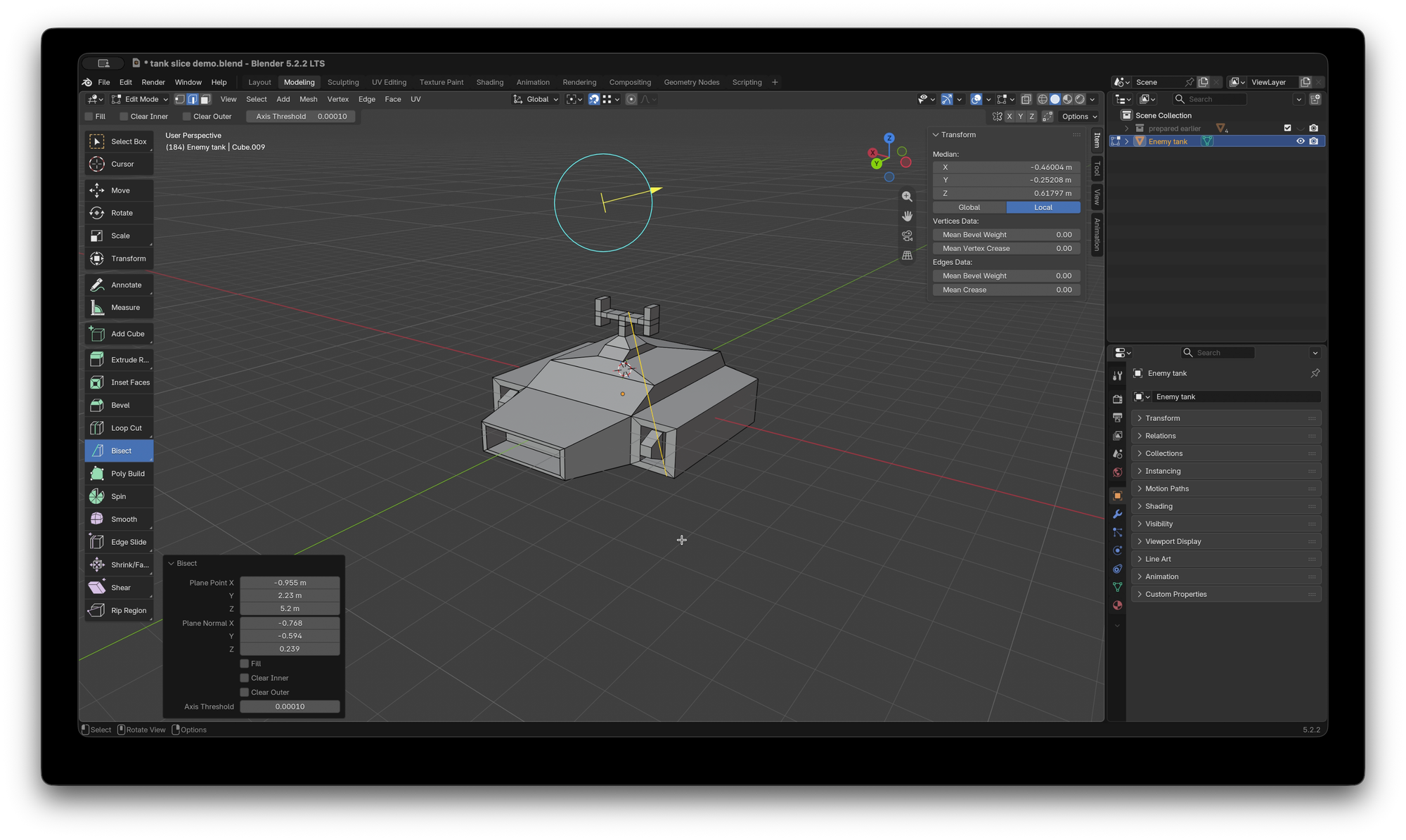 Blender UI with a simple model of a hover tank and a bisect line set.
