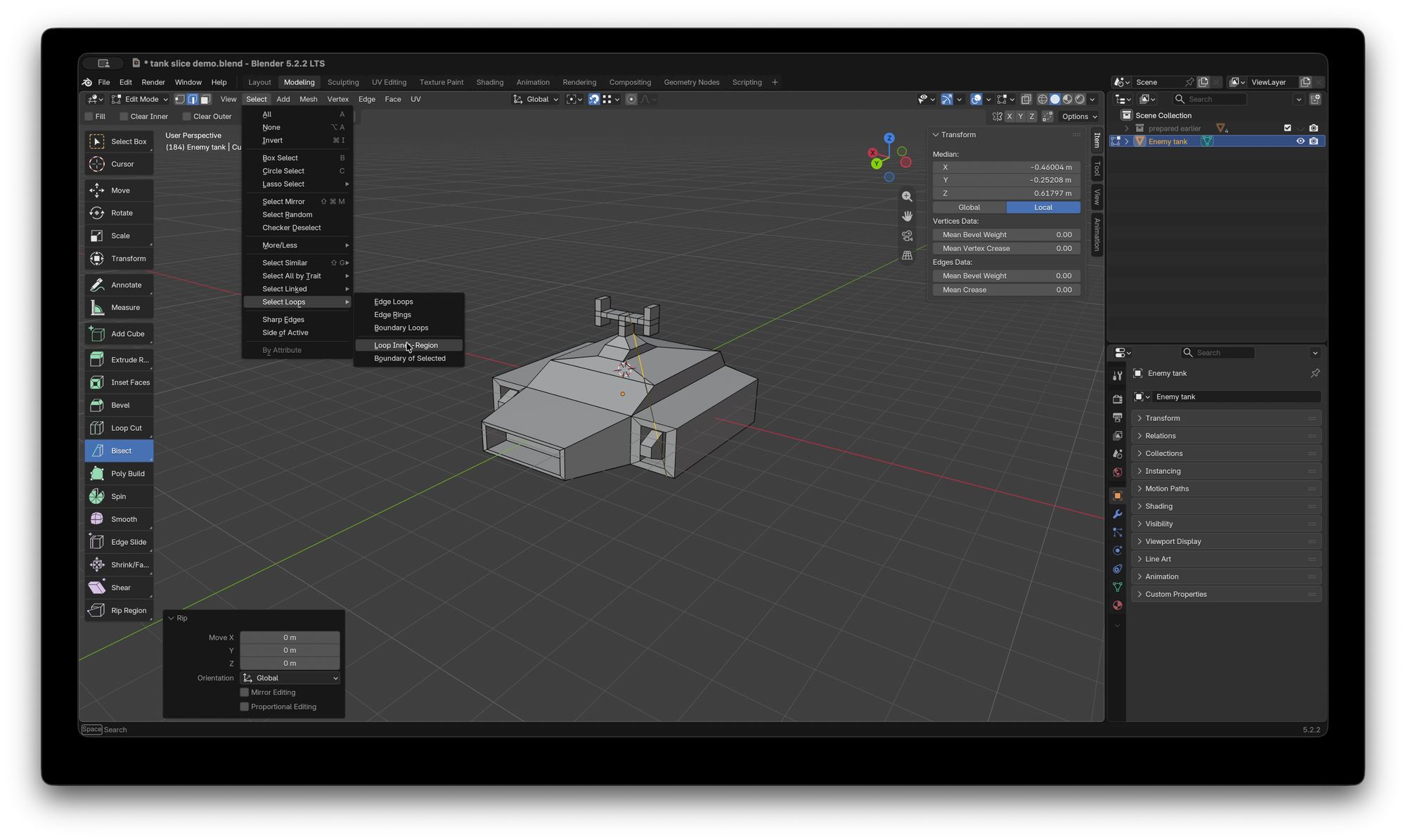 Blender UI with the Select > Select Loops > Loop Inner-Region drop down menus selected.
