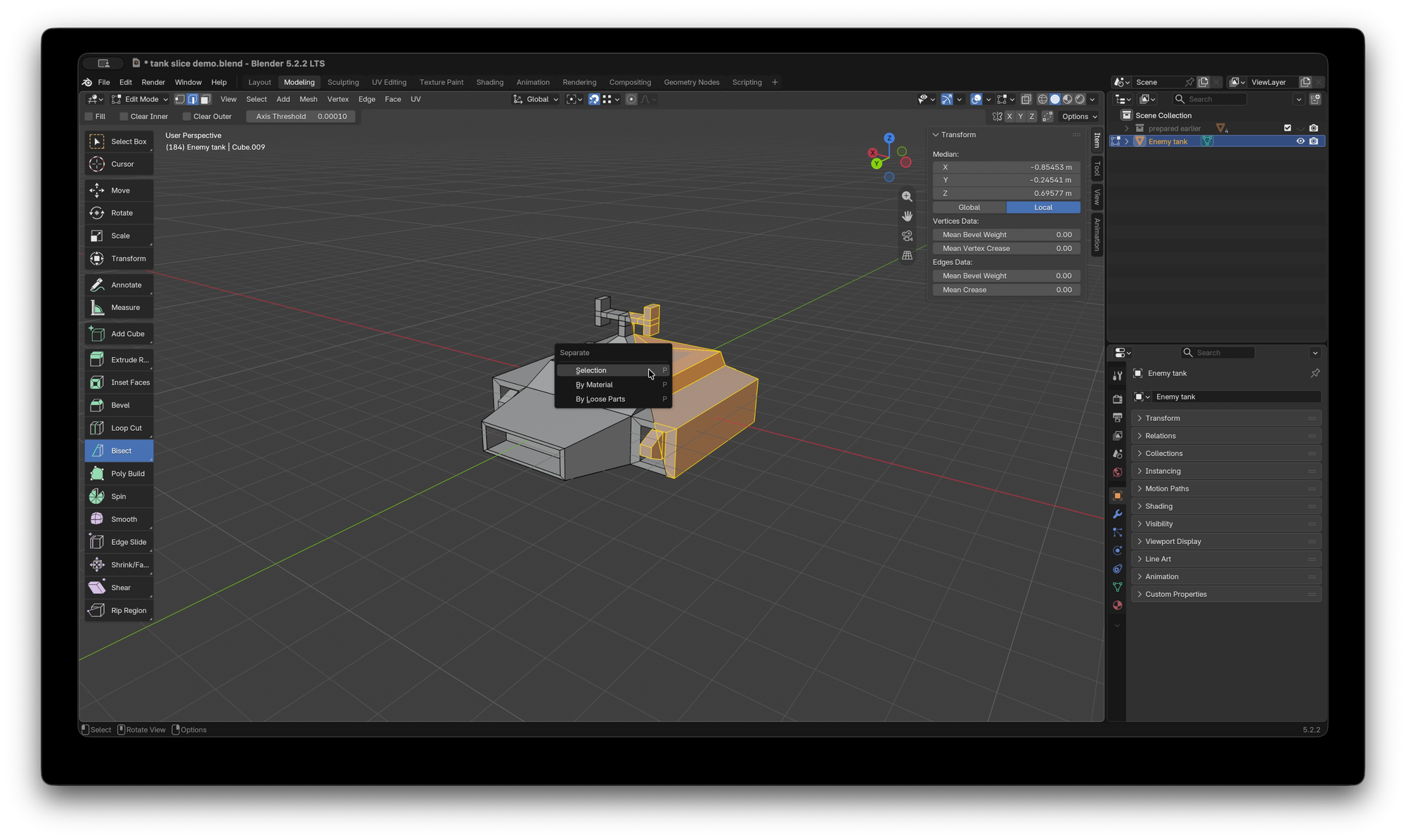Blender UI with the Seperate menu open and the Selection option selected