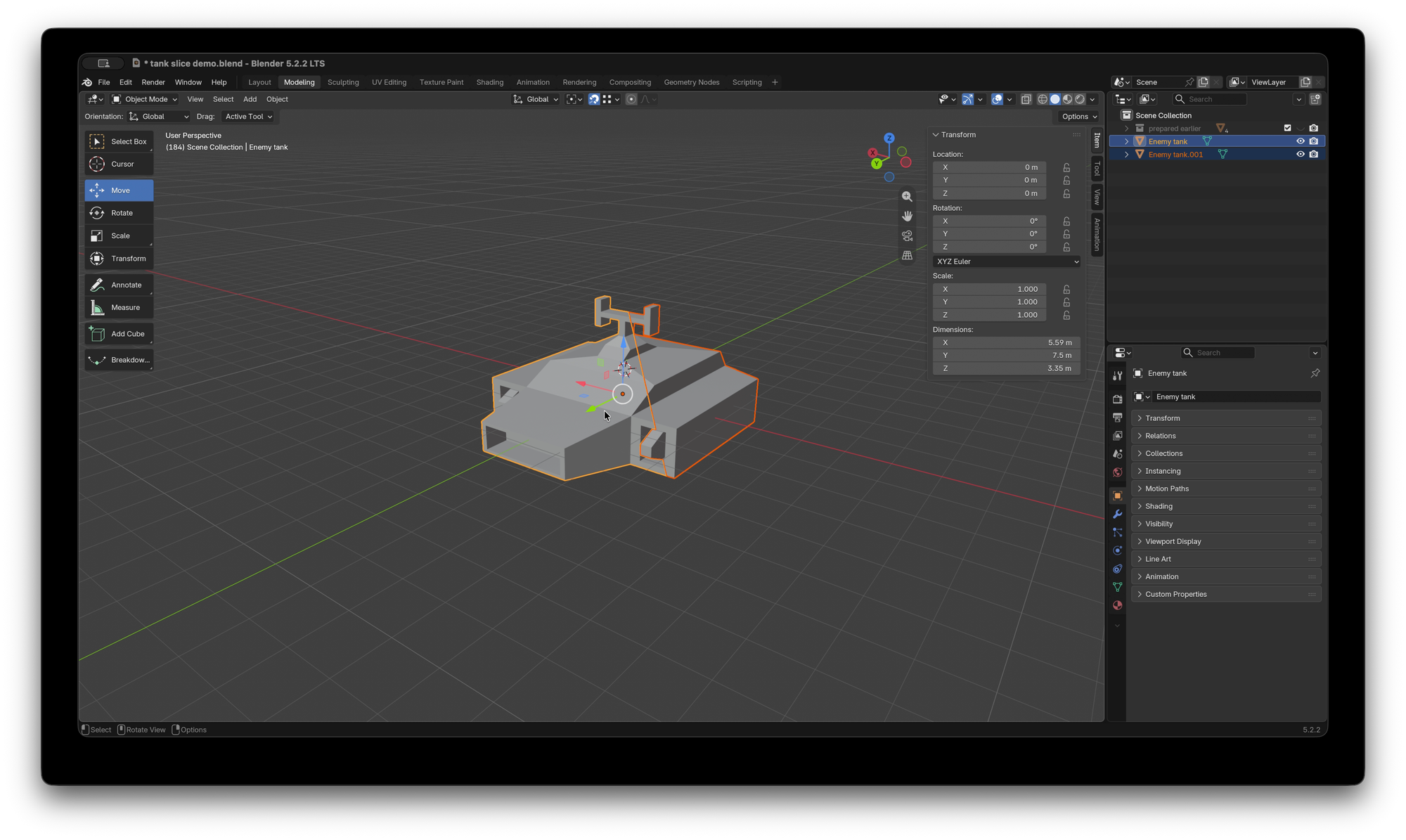 Blender UI with a simple model of a hover tank split in to two objects, in object mode.