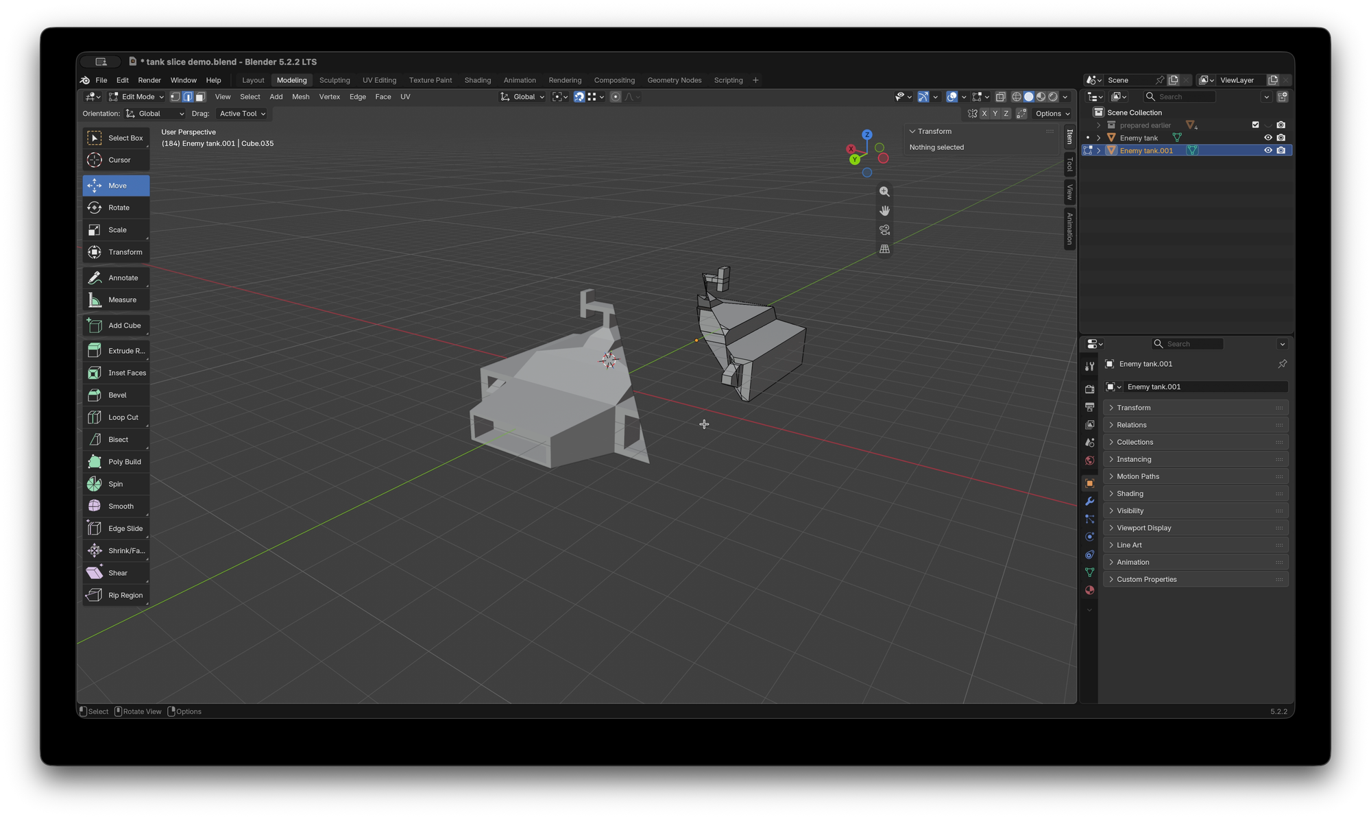 Blender UI with a simple model of a hover tank split in to two objects, one moved away from the other along the Y axis, in edit mode.