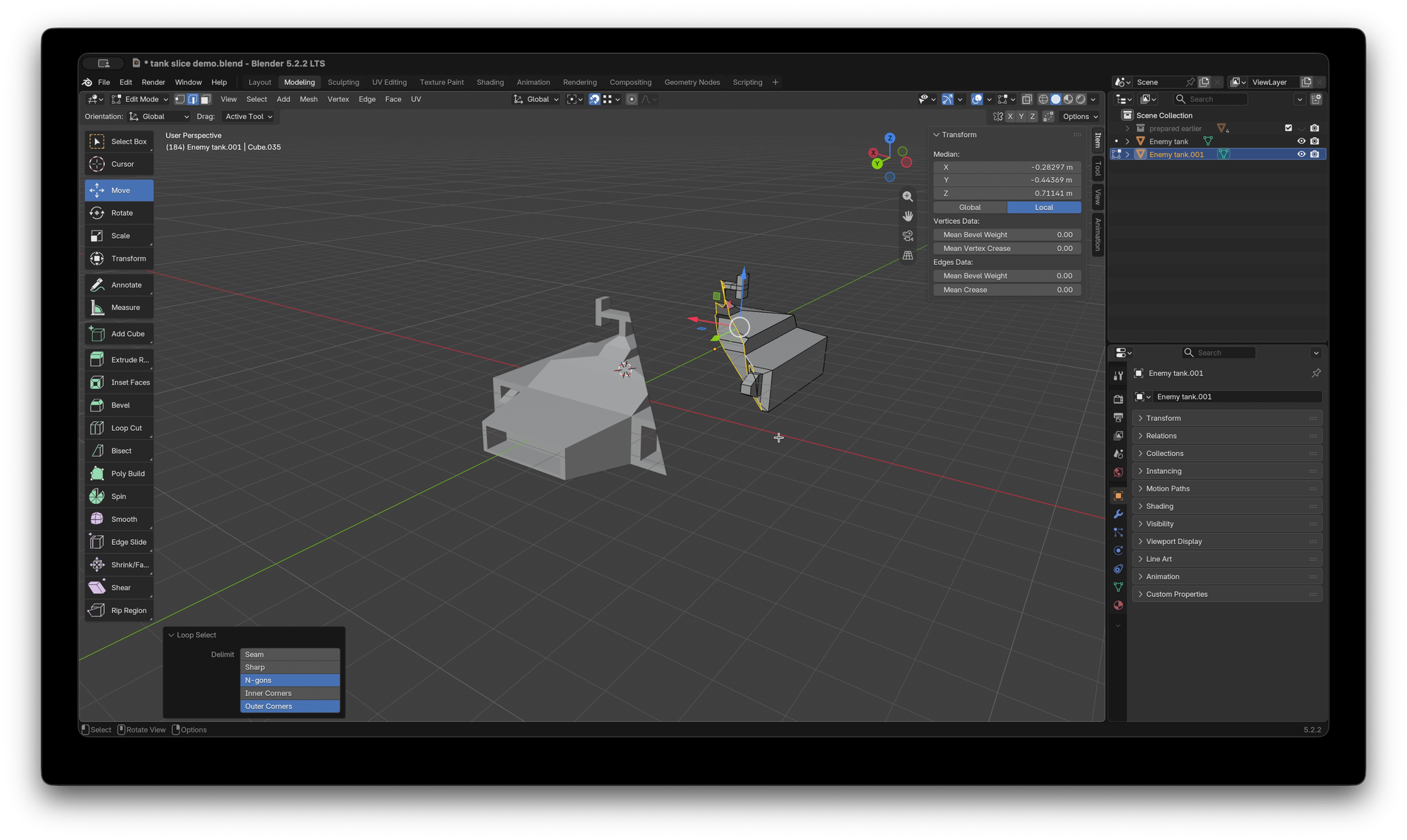 Blender UI with one half of a simple model of a hover tank with it's edges selected, in edit mode.