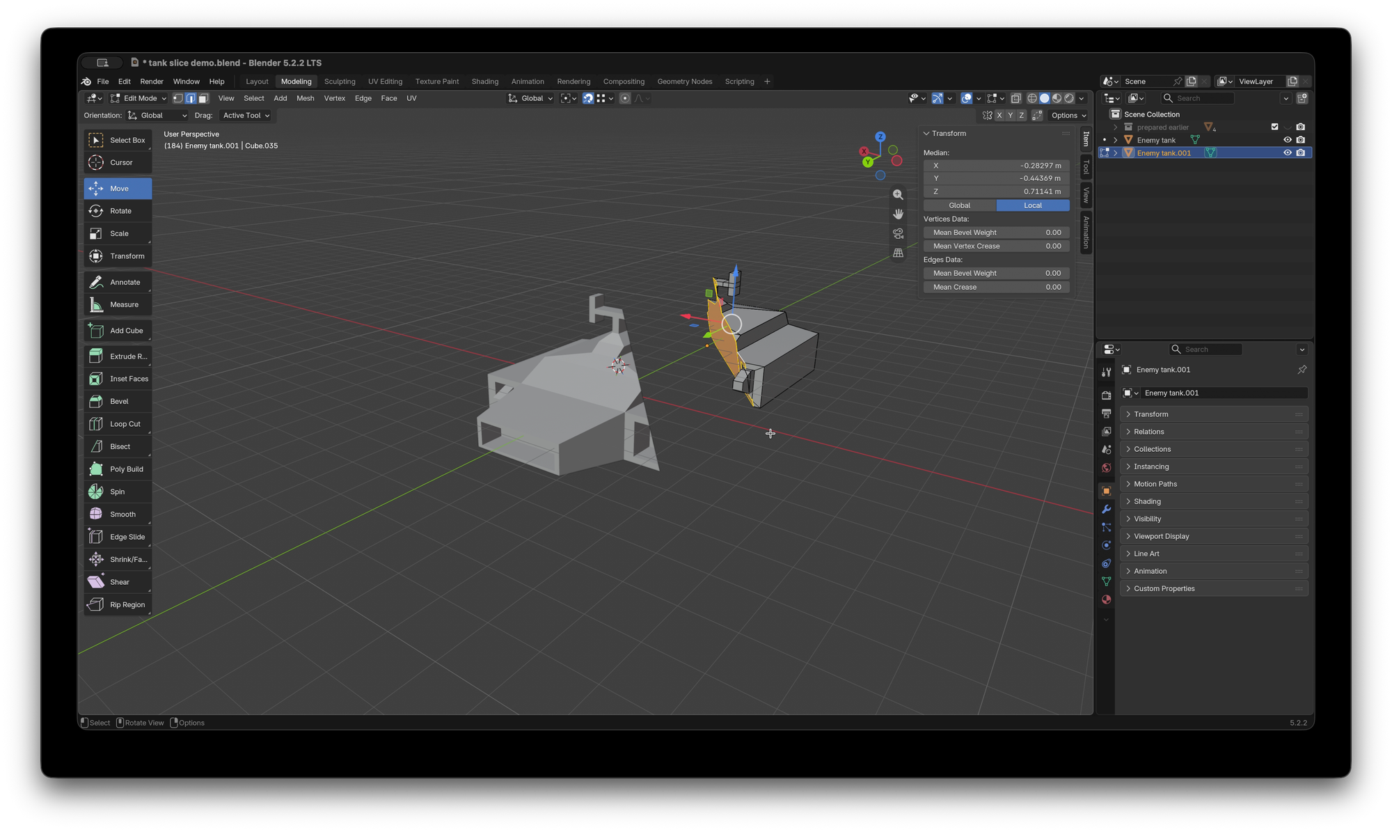 Blender UI with one half of a simple model of a hover tank with a new yellow face filled in, in edit mode.