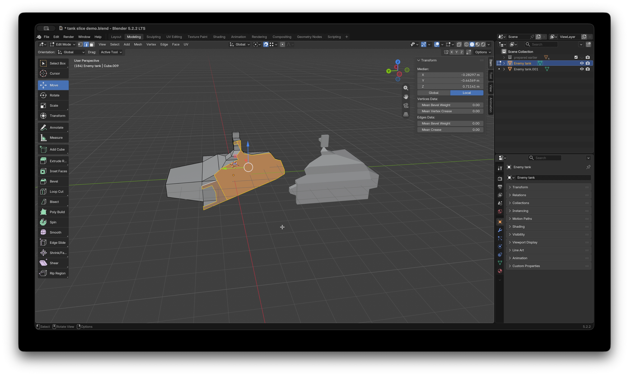 Blender UI with a simple model of a hover tank split in to two objects, with a new yellow face filled in, in edit mode.