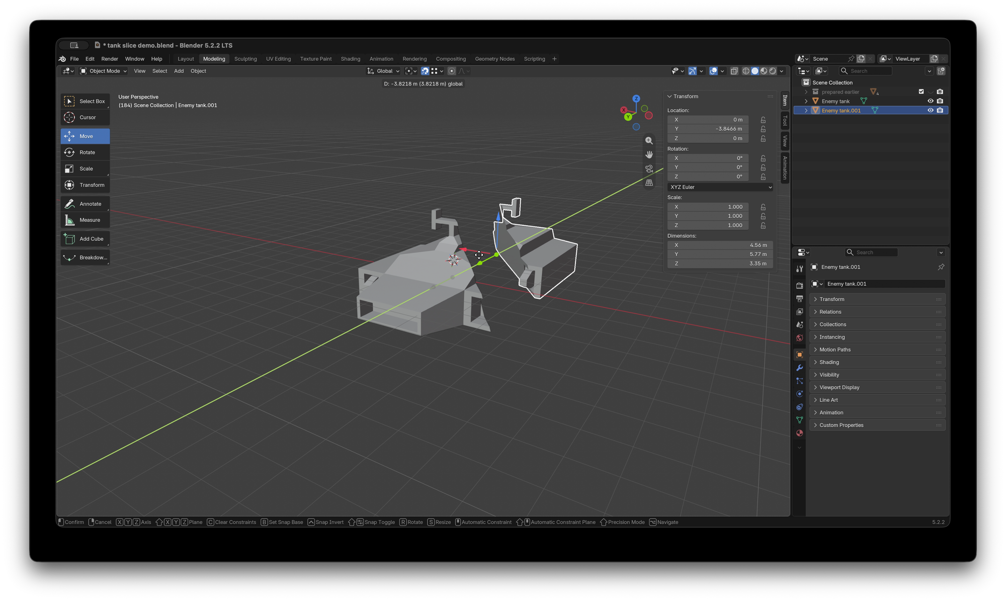 Blender UI with a simple model of a hover tank split in to two objects, in object mode.
