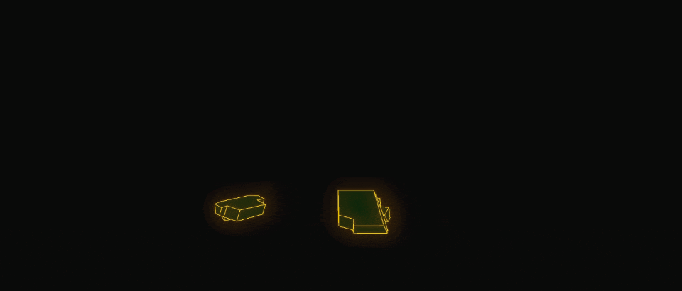 Slowly rotating 3d vector objects of sliced up hovertank debris