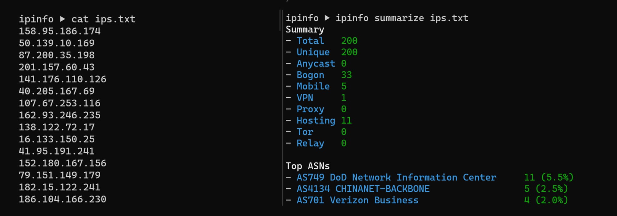 IPinfo CLI: Summarize IPs sub-command