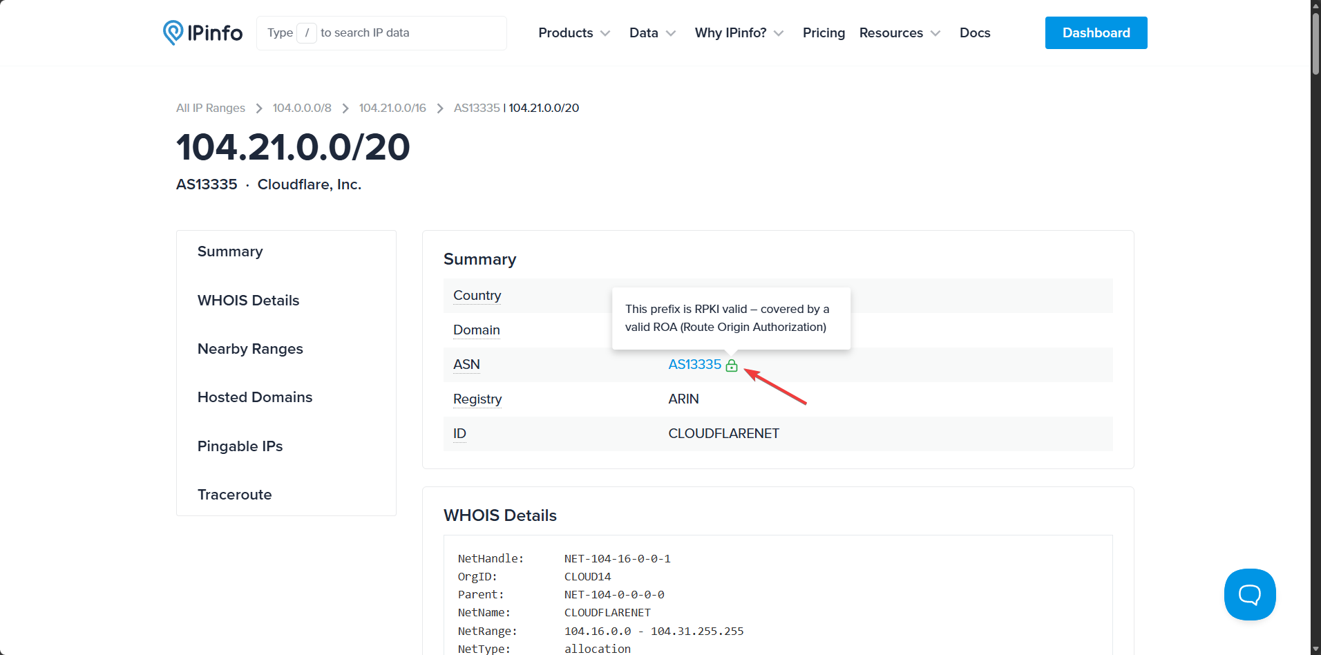 Screenshot of the IPinfo dashboard displaying IP range 104.21.0.0/20 (AS13335, Cloudflare, Inc.) with a green lock icon indicating the prefix is RPKI valid and covered by a Route Origin Authorization, alongside summary and WHOIS details.