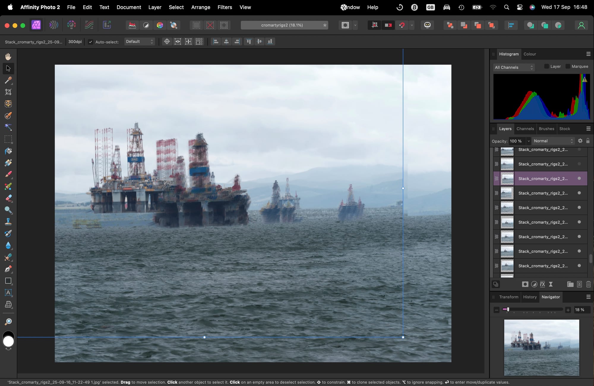 The stacking interface of Affinity Photo 2