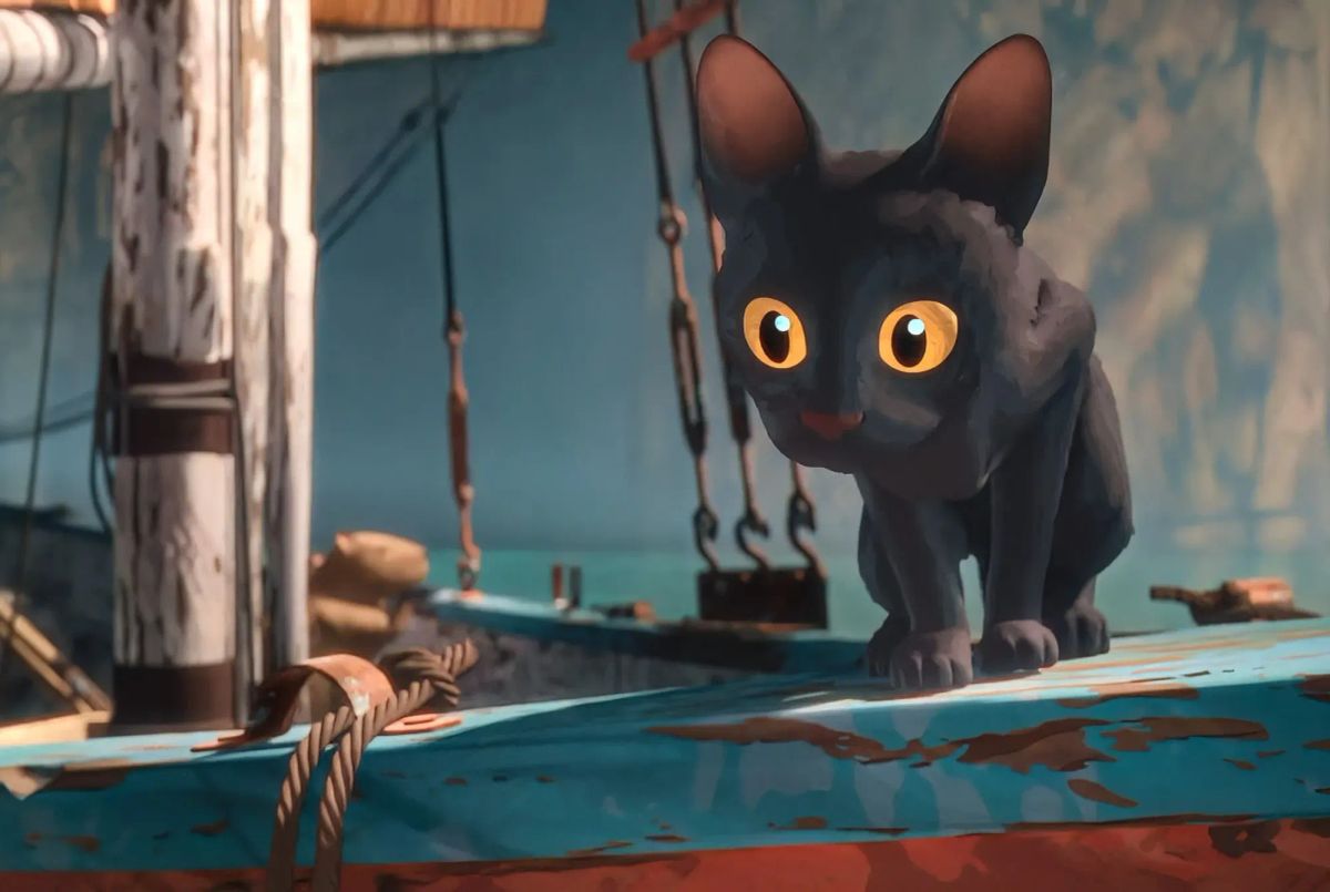 Dark gray cat with large orange eyes crouching on a weathered blue boat deck, rendered in stylized 3D animation.
