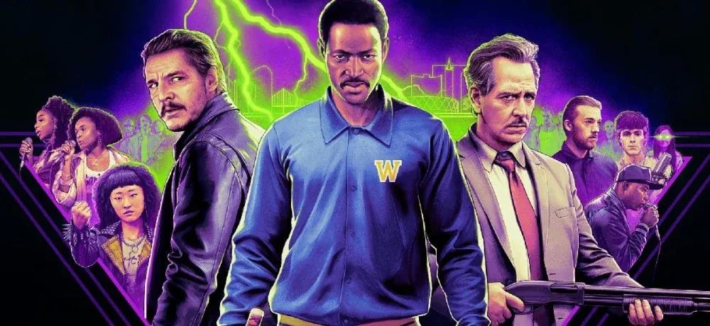 Stylized movie poster with multiple characters against a purple sky with green lightning, central figure wearing a blue "W" jacket.