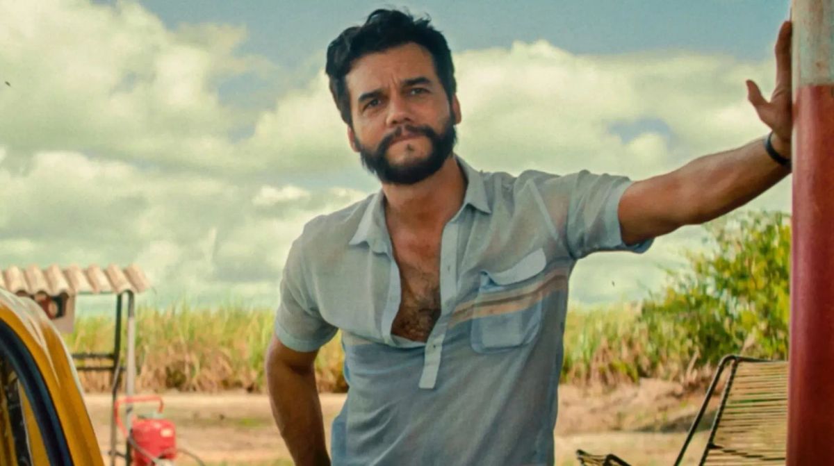 Bearded man in unbuttoned light blue shirt leaning against a post outdoors with sugarcane fields and cloudy sky behind him.