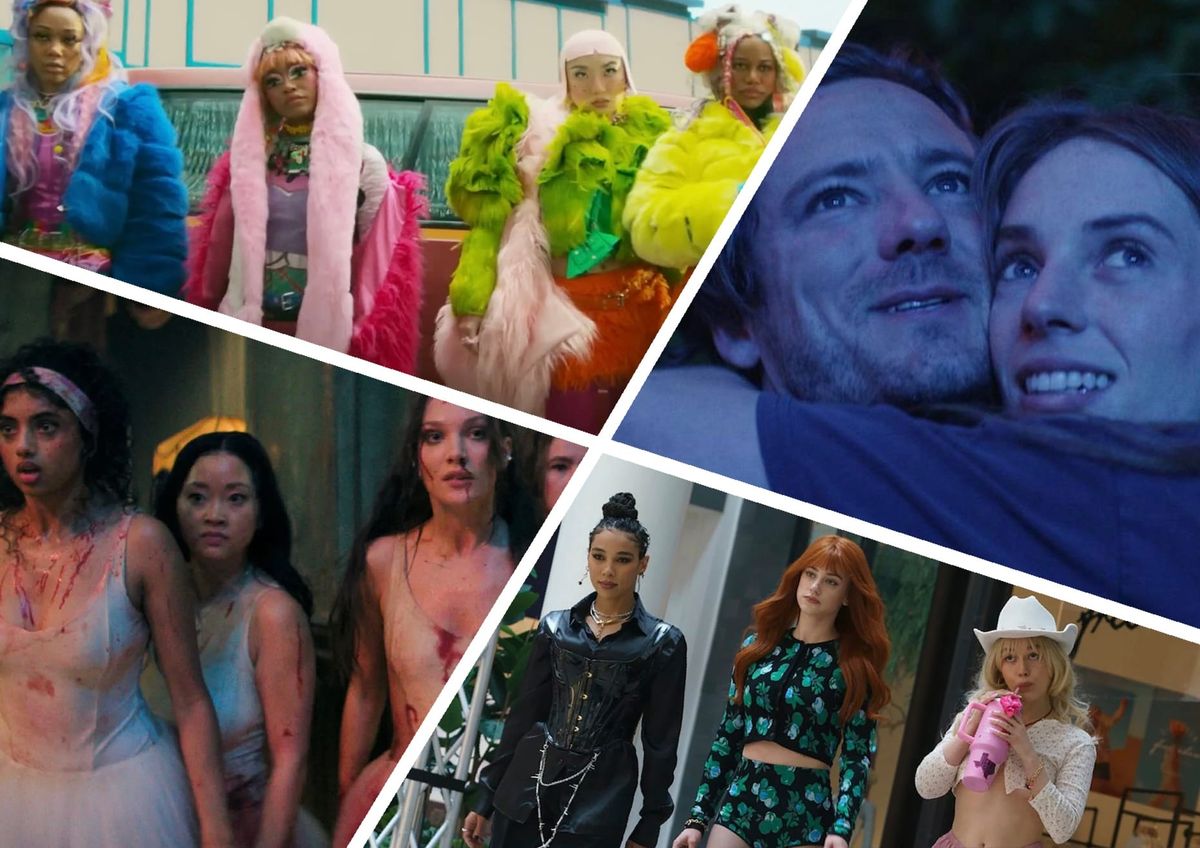 Collage of four TV/movie stills featuring colorfully dressed young women, a couple in blue light, and blood-splattered teens.