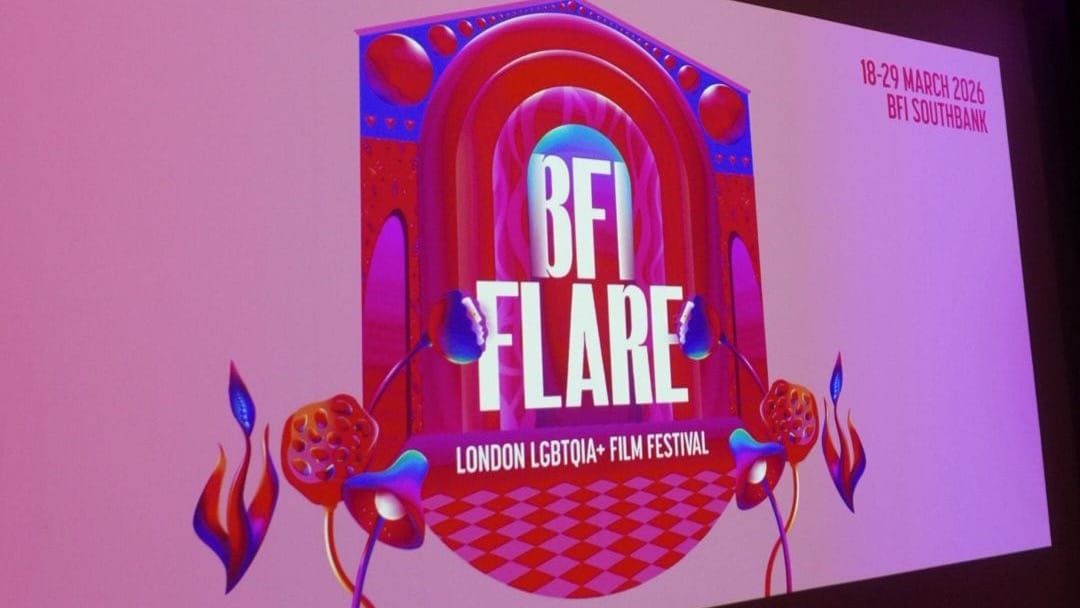 Projected poster for BFI Flare London LGBTQIA+ Film Festival, 18-29 March 2026 at BFI Southbank, with vibrant red and pink artwork.