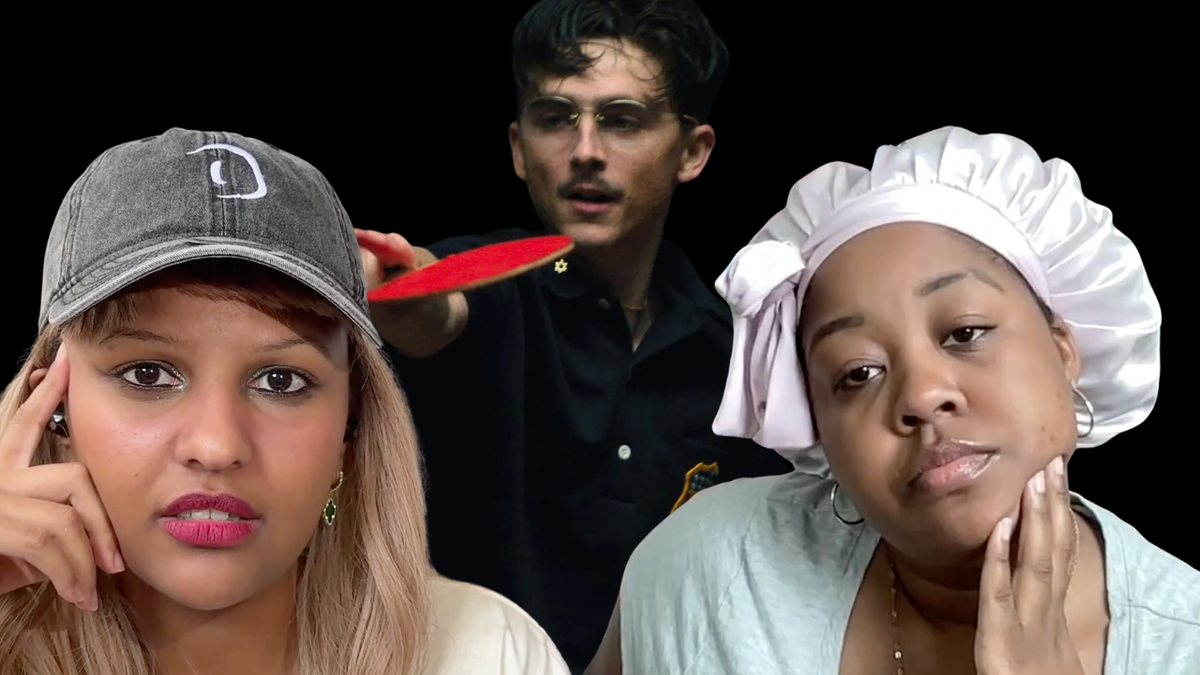 Three people: woman in gray cap with blonde hair, man holding ping pong paddle wearing glasses, woman in white bonnet.