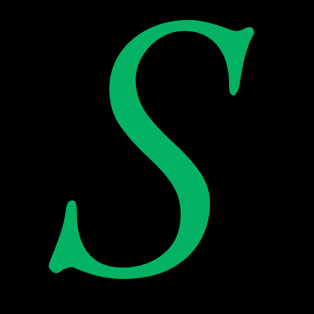 Large green serif letter "S" centered on a black background.