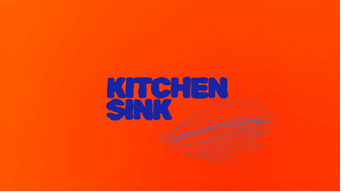 Bold blue text reading "KITCHEN SINK" on a bright orange background with light blue scribbled spiral lines to the right.