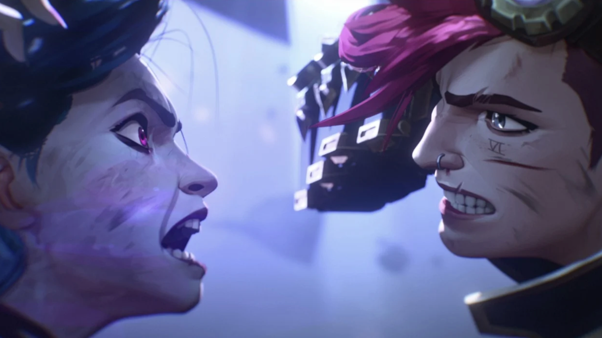 Two animated characters face-to-face in confrontation: Jinx with blue hair and pink eyes, and Vi with pink hair and a nose ring, from Arcane.