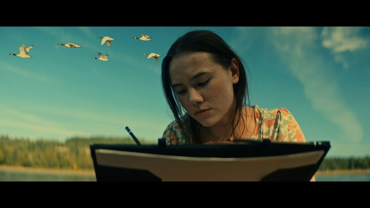 Young woman with dark hair sketches in a notebook outdoors as geese fly across a teal sky above a lake and treeline.