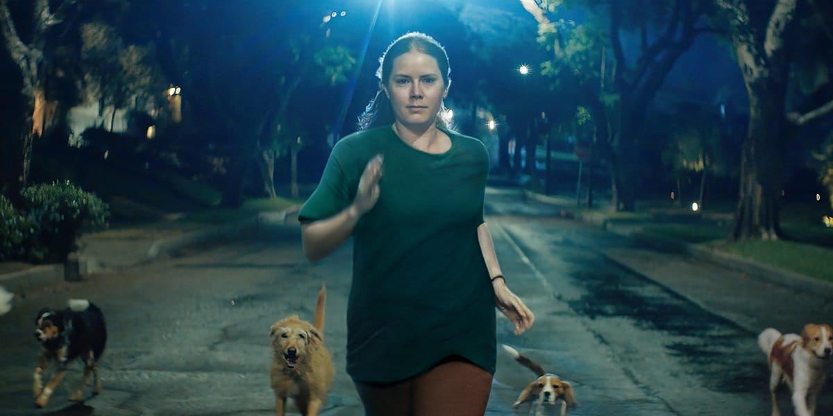 Woman in green top running down a tree-lined street at night, surrounded by several dogs including a golden retriever and beagle.