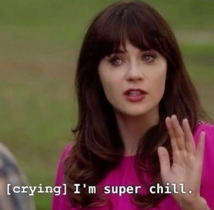 Woman with dark bangs in pink top, teary-eyed, hand raised. Subtitle reads "[crying] I'm super chill."
