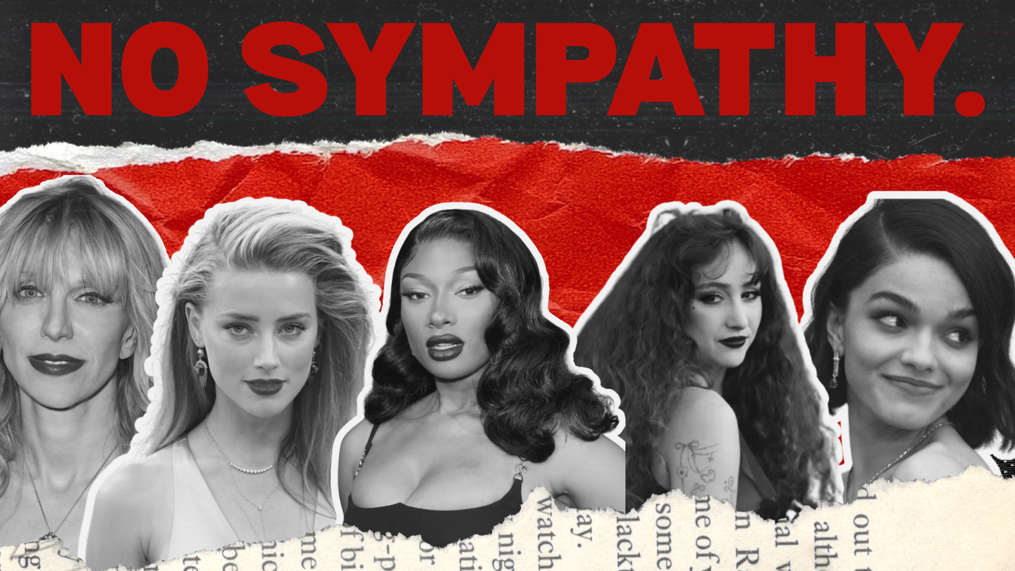 Collage of five women celebrities in black-and-white with bold red text "NO SYMPATHY." on a torn paper background.