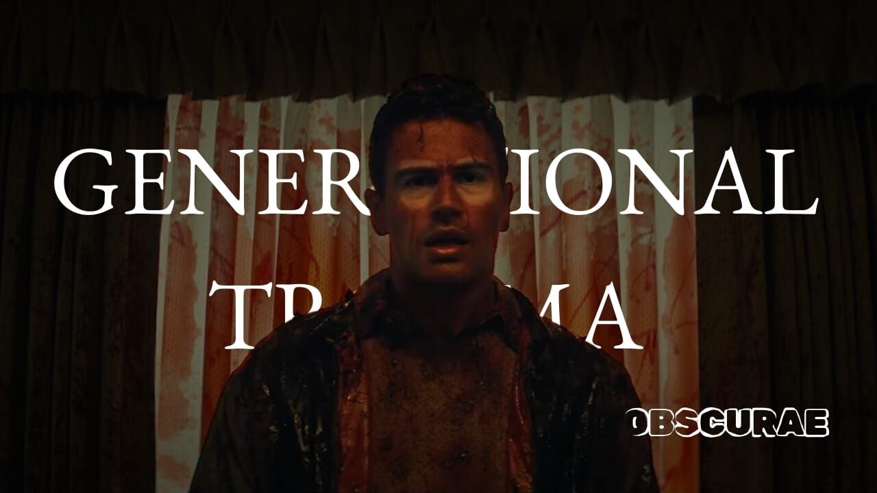 Blood-soaked man standing before blood-splattered curtains with text "GENERATIONAL TRAUMA" and "OBSCURAE" overlaid.