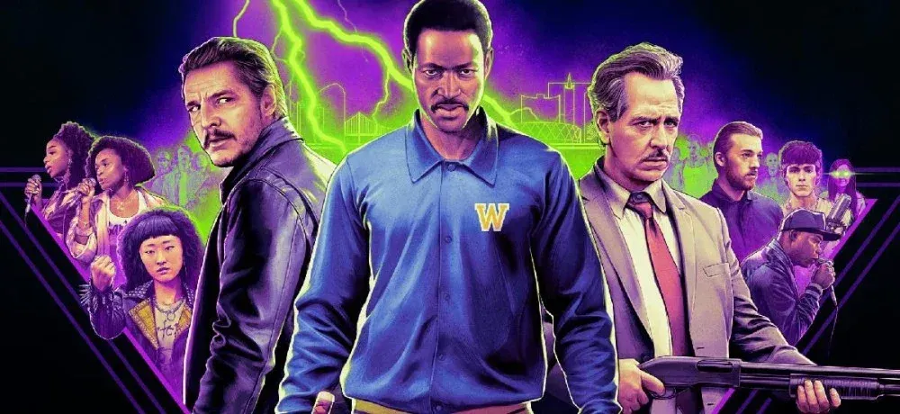 Stylized movie poster with multiple characters against a purple sky with green lightning, central figure wearing a blue "W" jacket.