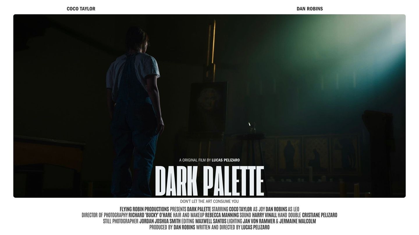 Movie poster for "Dark Palette" showing a person standing in a dark room facing an easel, lit by dramatic side light.