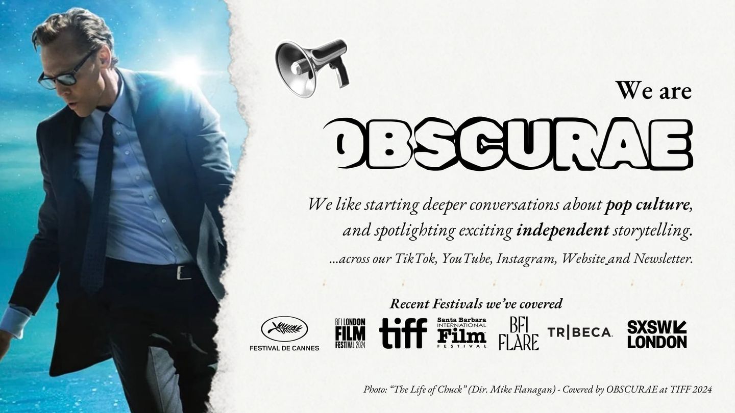 Promotional banner for OBSCURAE featuring a man in a suit from "The Life of Chuck," listing covered film festivals and mission statement.