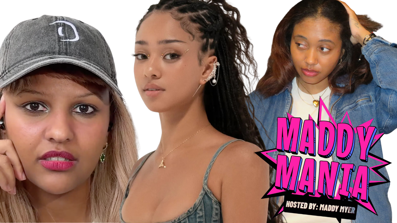 Three young women posing against a white background with a pink starburst logo reading "Maddy Mania, Hosted by: Maddy Myer"