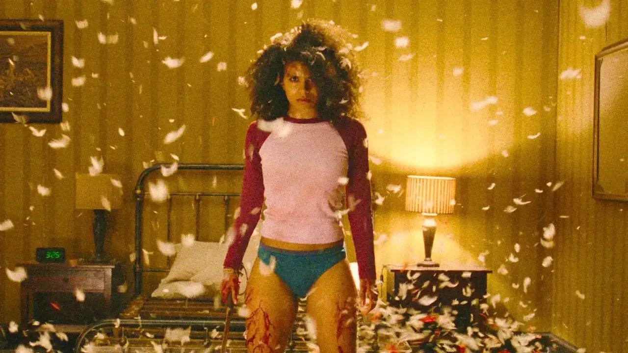 Woman with curly hair standing in a bedroom surrounded by floating feathers, wearing a pink raglan shirt and teal underwear, warm golden lighting.