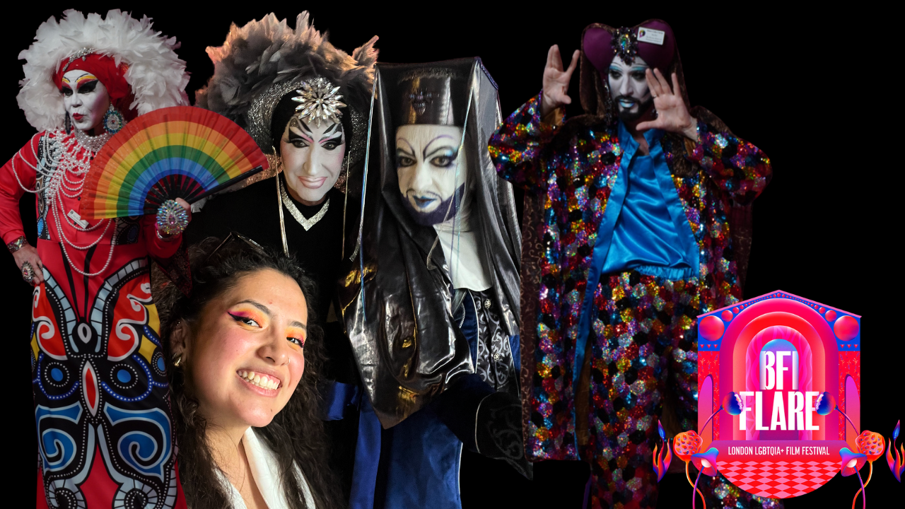 Drag performers in elaborate costumes and makeup with a smiling woman, alongside the BFI Flare London LGBTQIA+ Film Festival logo.