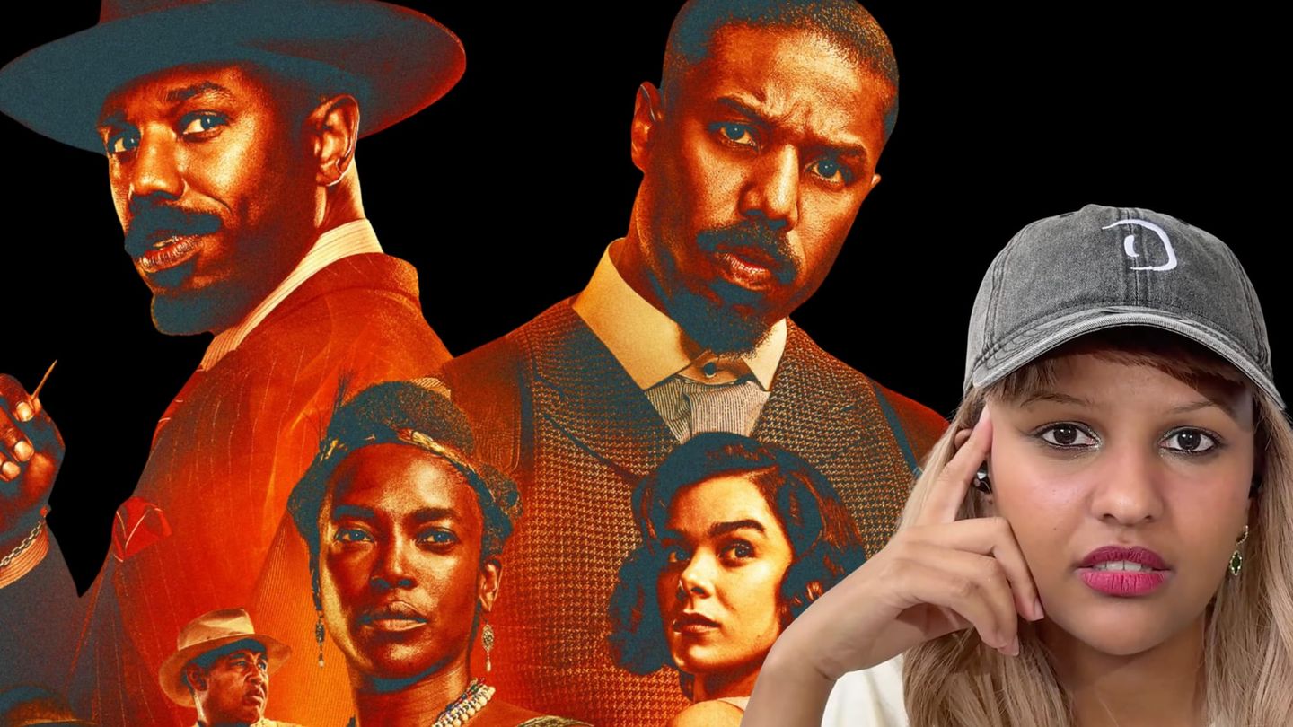 Young woman in gray cap with thoughtful expression poses in front of a stylized orange movie poster featuring multiple actors.