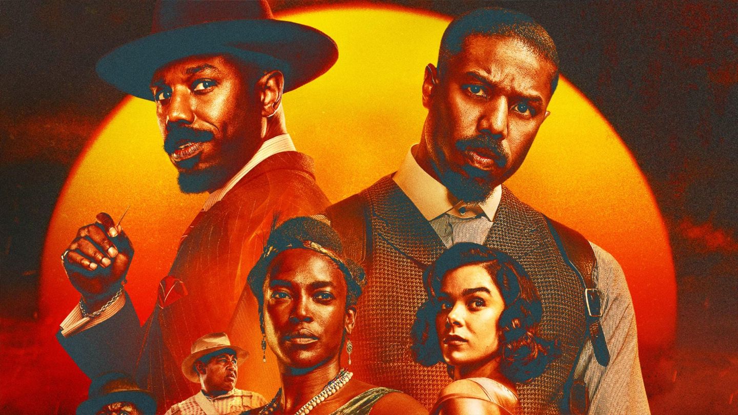 Stylized movie poster with six Black actors in period costumes against a dramatic orange-red sun backdrop, noir aesthetic.