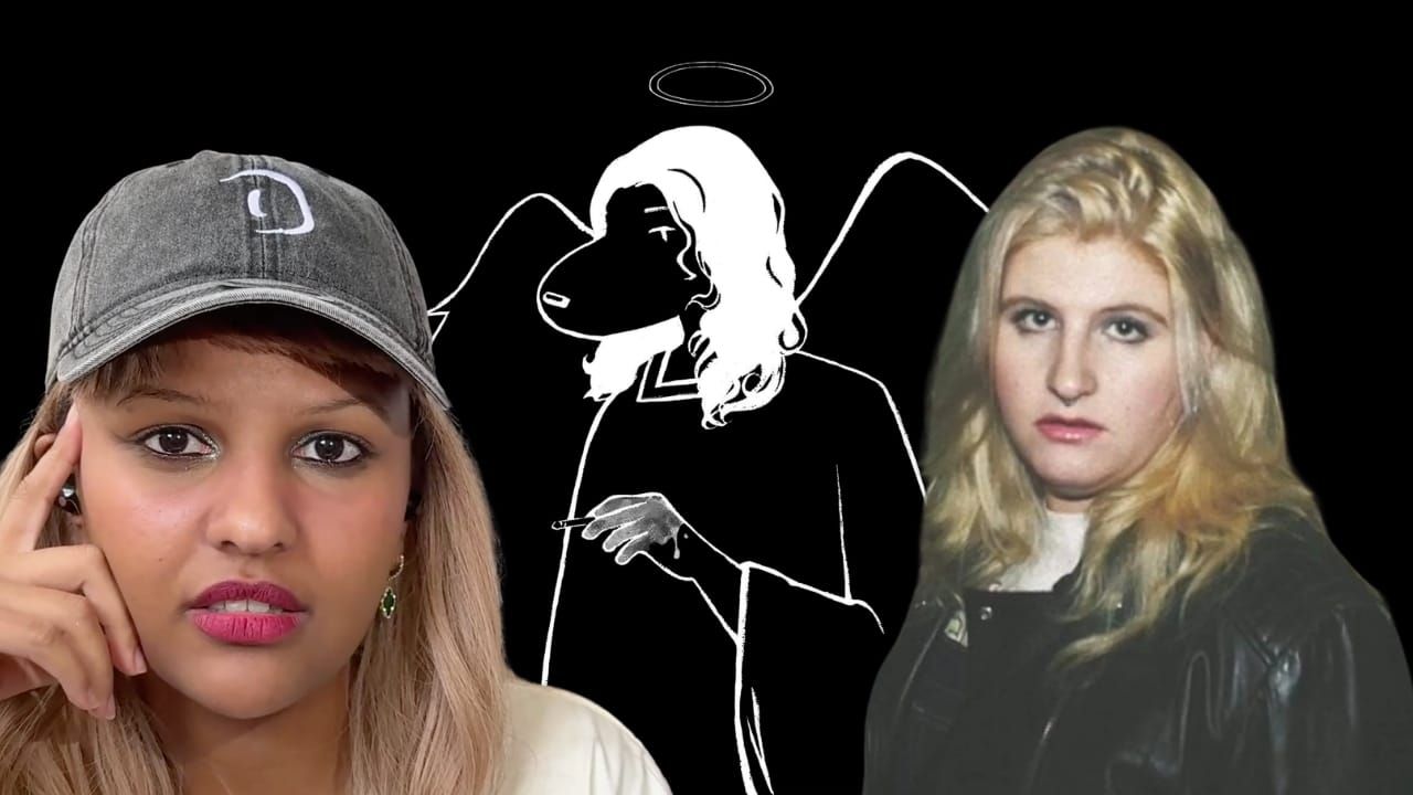 Composite image: woman in gray cap with hand on face, black-and-white angel illustration smoking, blonde woman in leather jacket