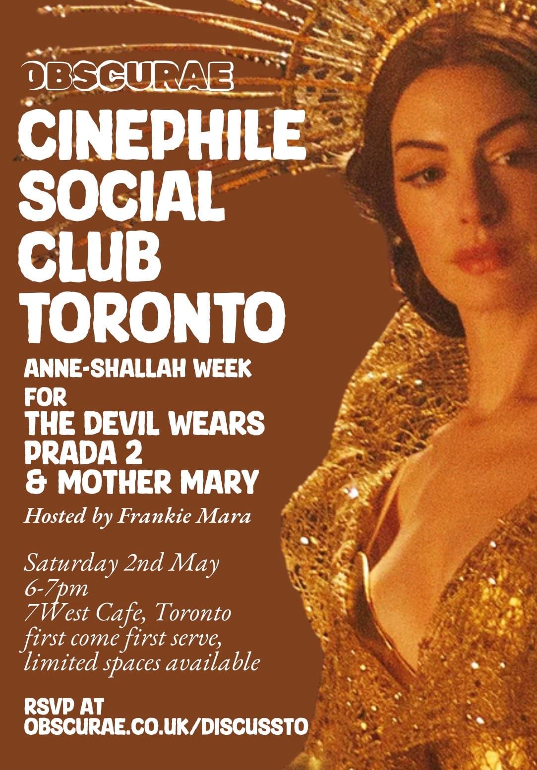Event poster for Obscurae Cinephile Social Club Toronto featuring a woman in a gold sequined outfit with a golden crown.