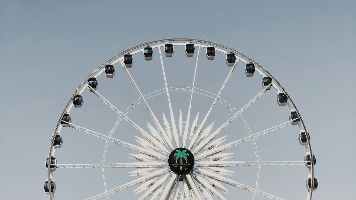 Large white Ferris wheel with enclosed gondola cabins and a palm tree logo at its center hub, against a clear pale blue sky.