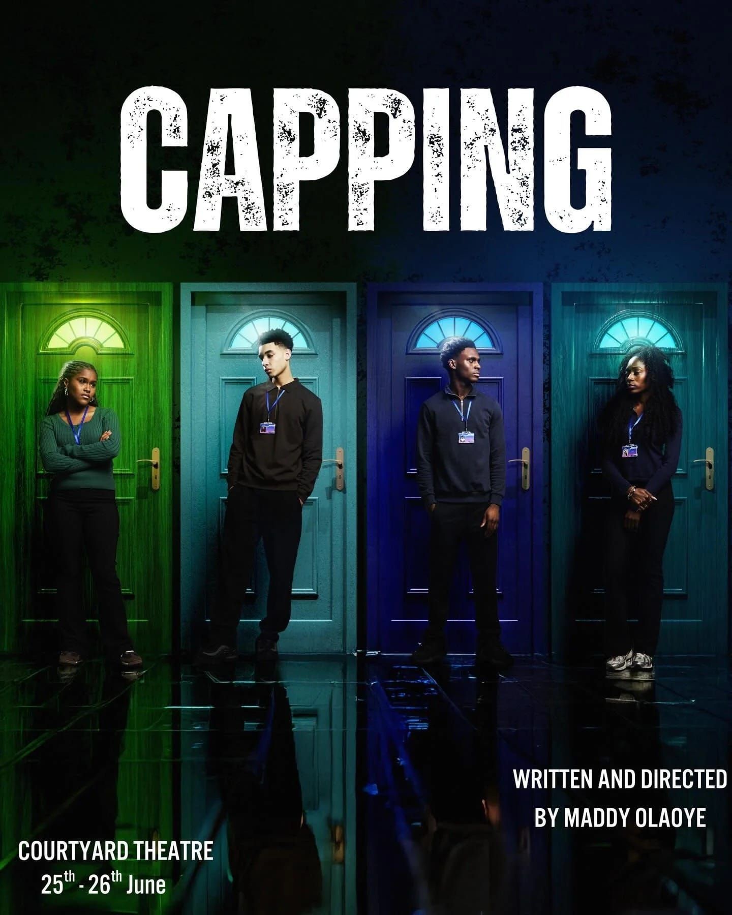 Promotional image for Capping, showing four performers standing in front of separate doors under the production title.