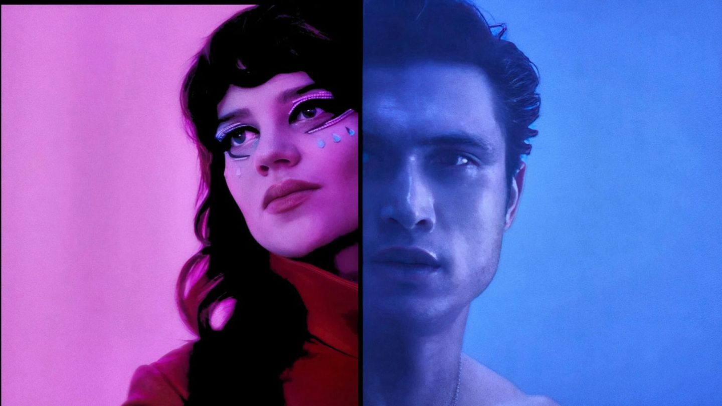 Two women’s faces side by side in vivid pink and blue lighting.