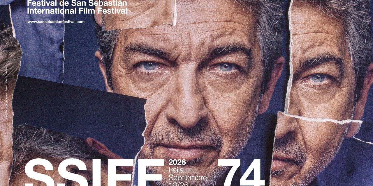 Poster-style collage for the 74th San Sebastián International Film Festival, with torn-paper fragments of a man’s face and the festival name, SSIFF, 2026 and 74 text.