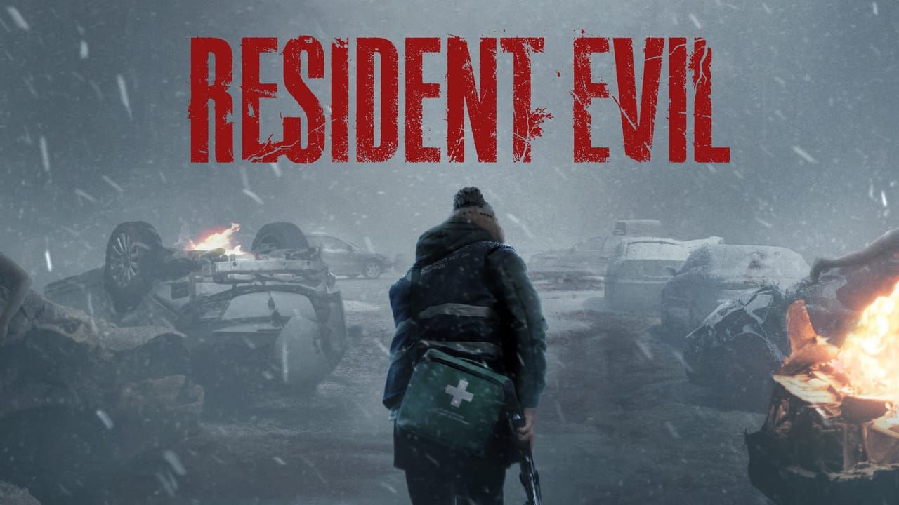 Resident Evil title over a snowy road with overturned cars, fires, and a lone figure carrying a medical bag.