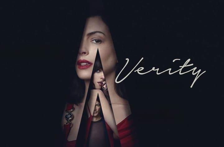 Dark promotional image showing a woman in red behind jagged mirror-like shards containing other faces, with the title Verity.