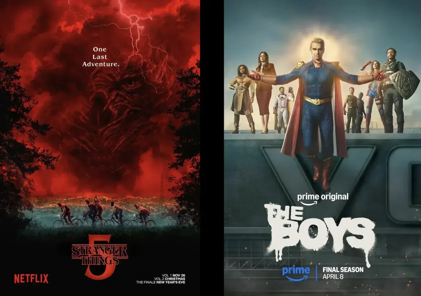 Split image: a red lightning storm and shadow creature over cyclists in Stranger Things 5, alongside The Boys characters led by a caped man.