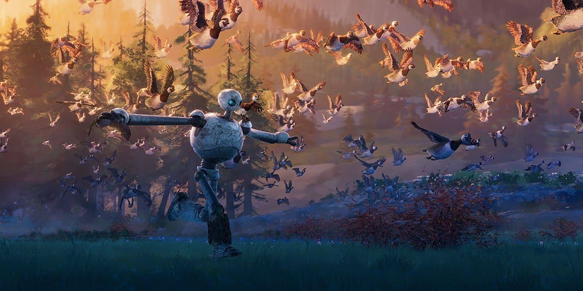 Animated robot stands in a forest clearing with arms outstretched as a large flock of geese flies around it at sunset.