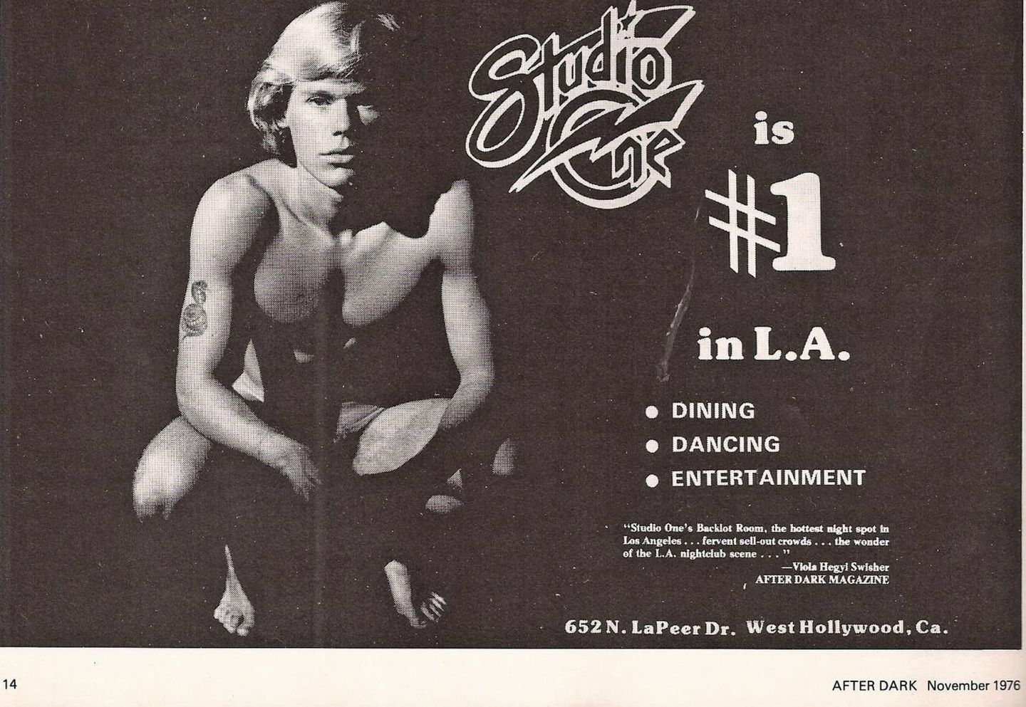 1976 After Dark magazine ad for Studio One nightclub in West Hollywood, featuring a shirtless young man crouching.